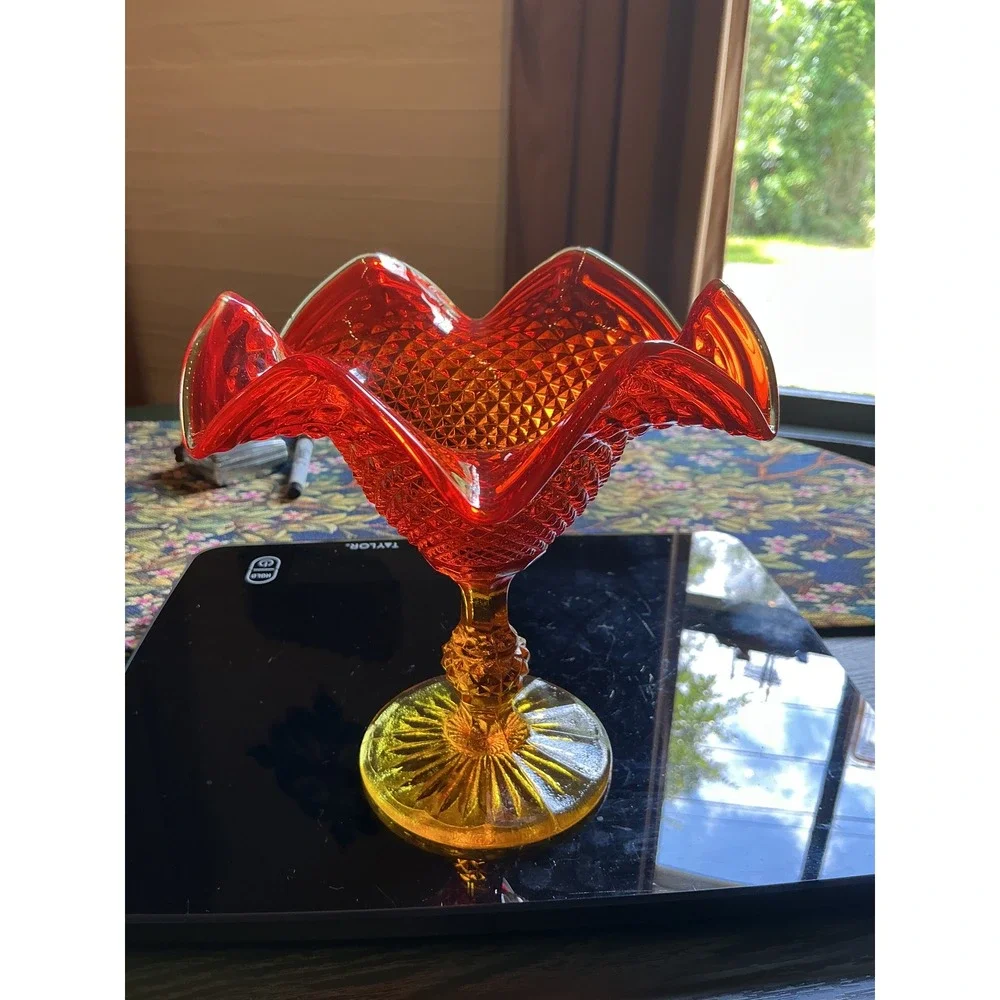 Vintage Amberina Glass Ruffled Compote Dish Diamond Point Pedestal Red‎ Yellow